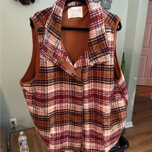Natural Reflections Plaid Vest - Red, Brown, White